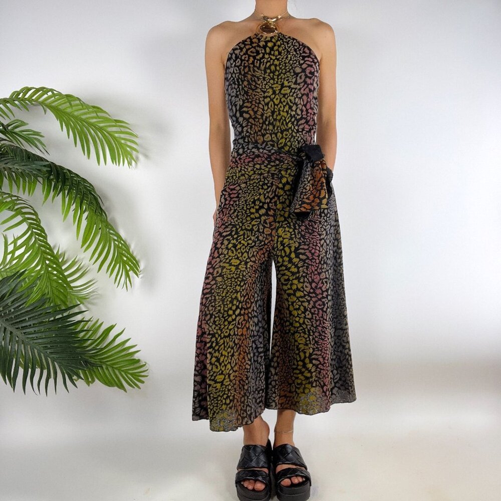 Vintage Y2K Colorful Leopard Print Bohemian Halter Neck Wide Leg Jumpsuit / Med